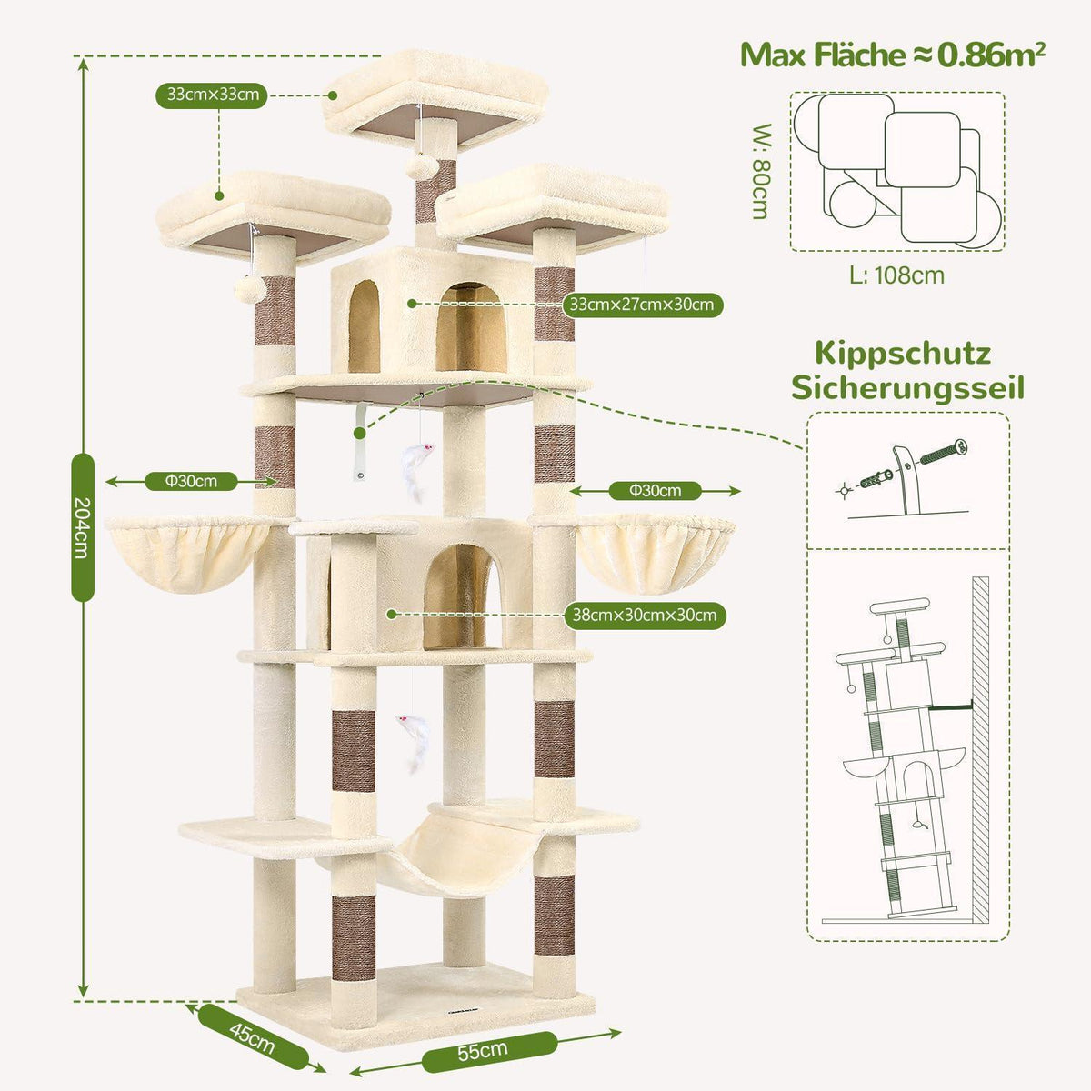 XXL Kratzbaum Beige mit Hängematte – 204cm für Katzen