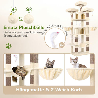 XXL Kratzbaum Beige mit Hängematte – 204cm für Katzen
