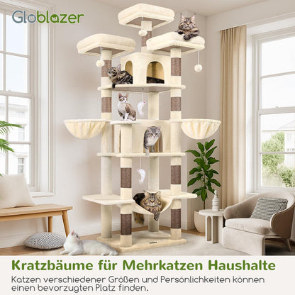 XXL Kratzbaum Beige mit Hängematte – 204cm für Katzen
