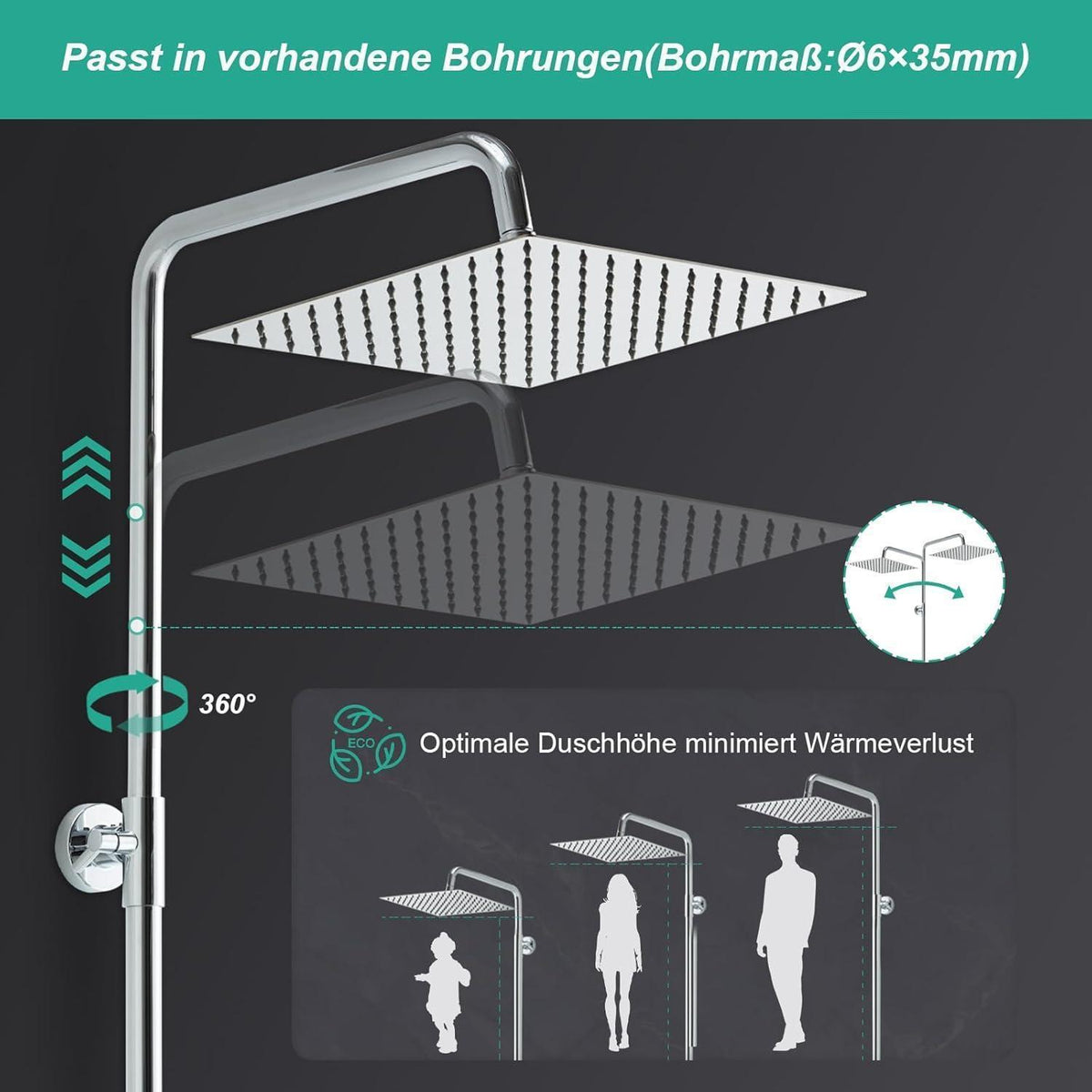 Eckige Regendusche 30x30cm Edelstahl Duschsystem höhenverstellbar