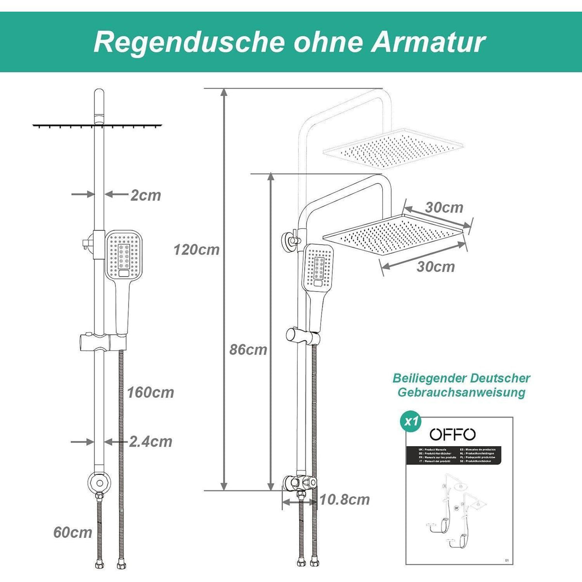 Eckige Regendusche 30x30cm Edelstahl Duschsystem höhenverstellbar