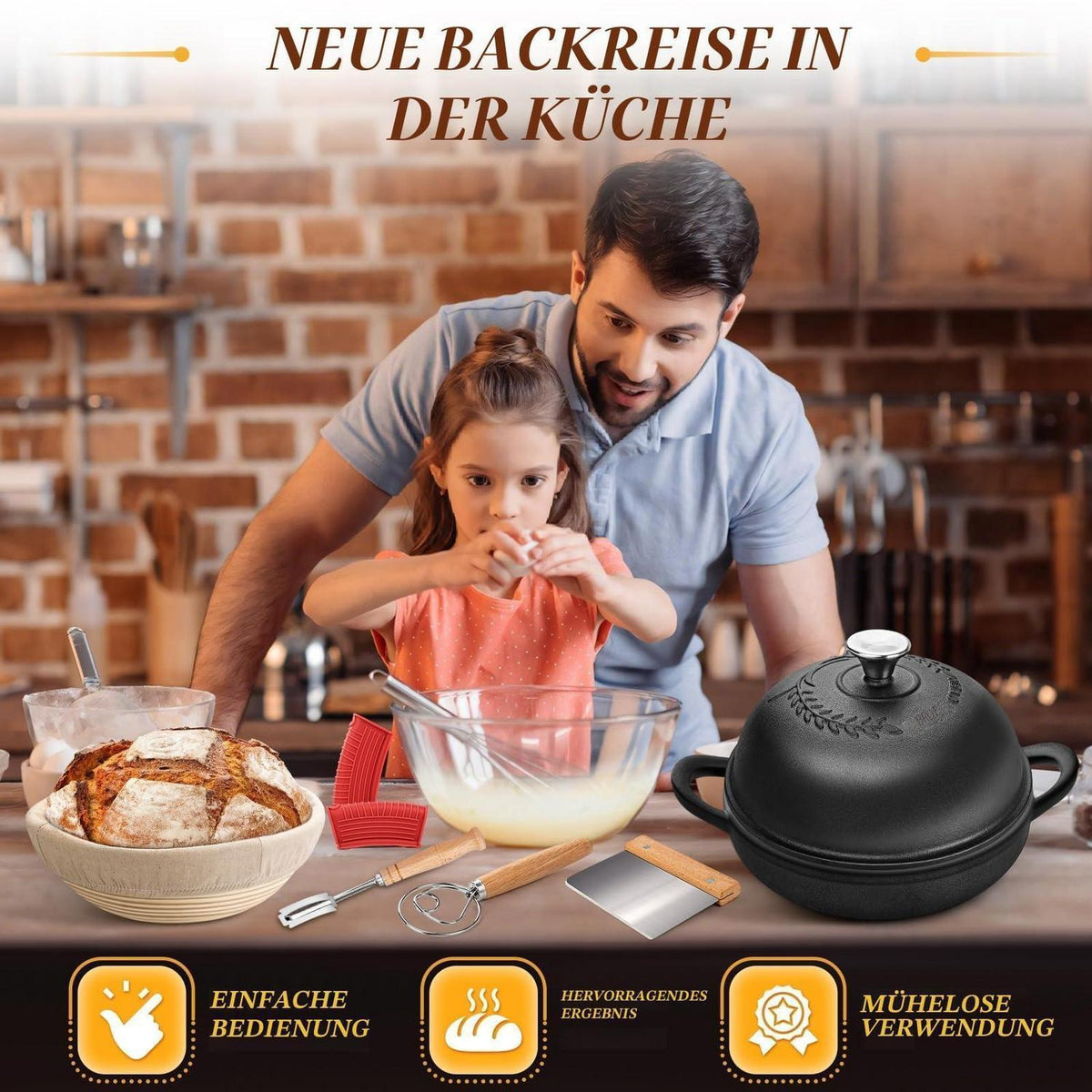 Gusseisen Brotbacktopf Set 5.7L mit Gärkorb & Zubehör