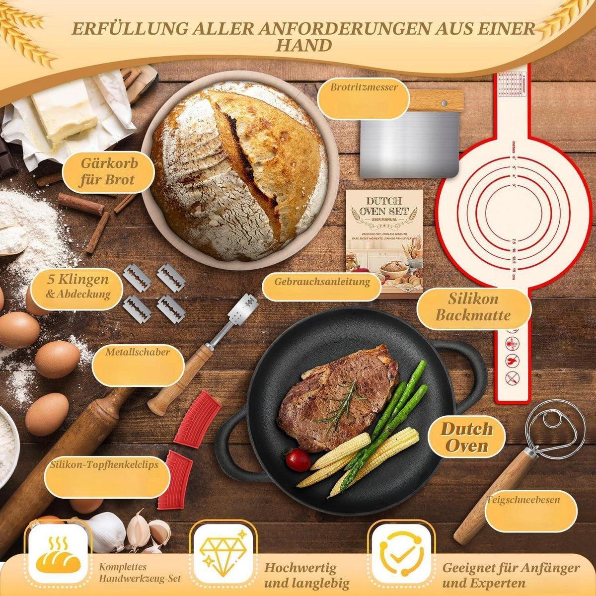 Gusseisen Brotbacktopf Set 5.7L mit Gärkorb & Zubehör