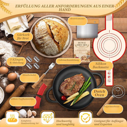 Gusseisen Brotbacktopf Set 5.7L mit Gärkorb & Zubehör