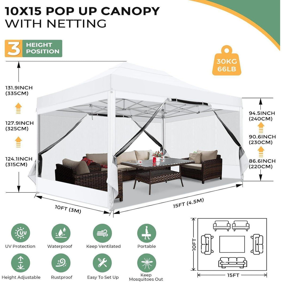Faltpavillon 3x4,5m – Wasserdicht, Stabil & Mit Moskitonetz