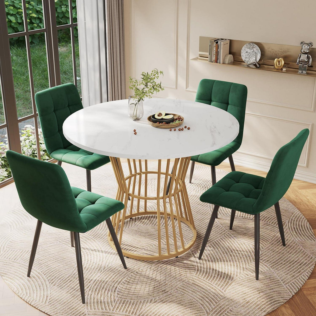 Runder Esstisch Set (5-teilig) | Weiß & Grün | Modernes Esszimmer Set