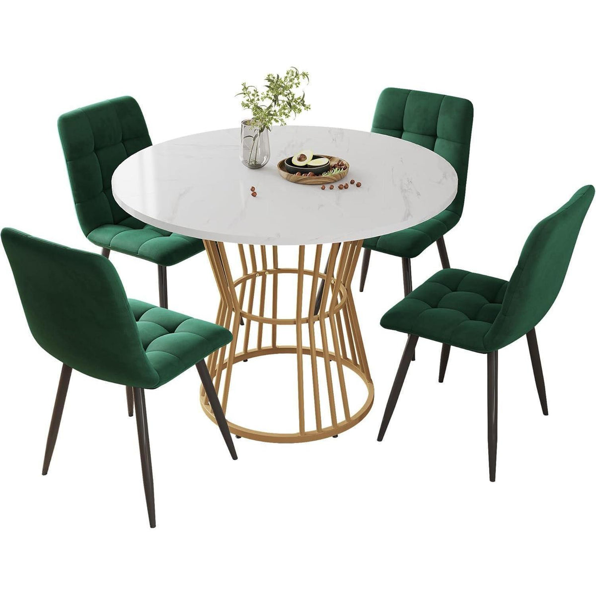 Runder Esstisch Set (5-teilig) | Weiß & Grün | Modernes Esszimmer Set