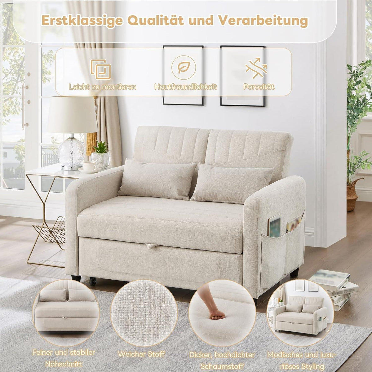 Schlafcouch Zweisitzer mit Bettkasten, Beige