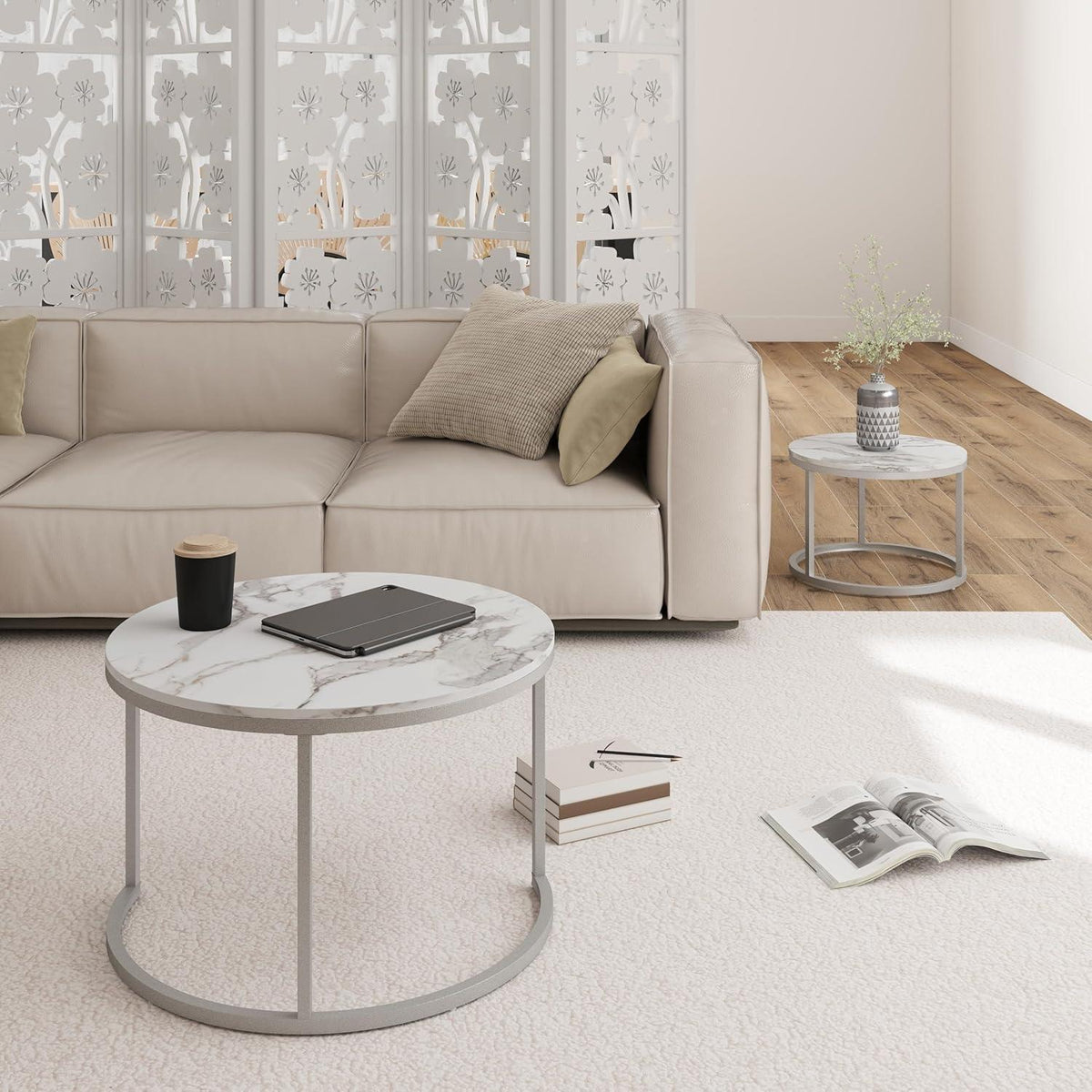 Runder Marmor Couchtisch Weiß & Silber 2er Set