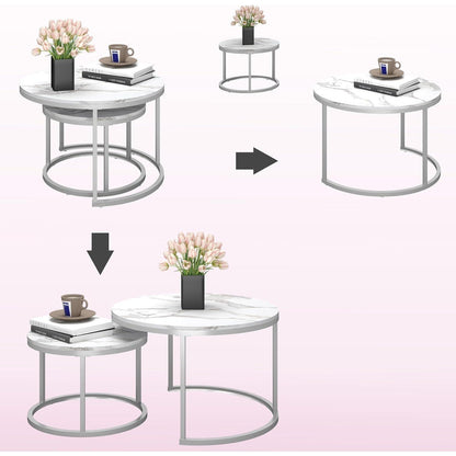 Runder Marmor Couchtisch Weiß & Silber 2er Set