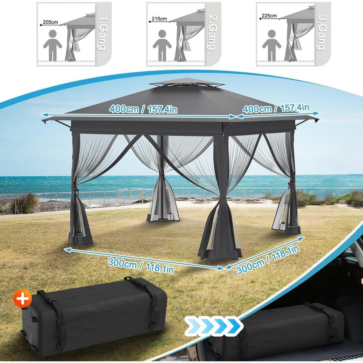 Faltbarer Gartenpavillon 4x4m mit EIN-Klick-Aufbau