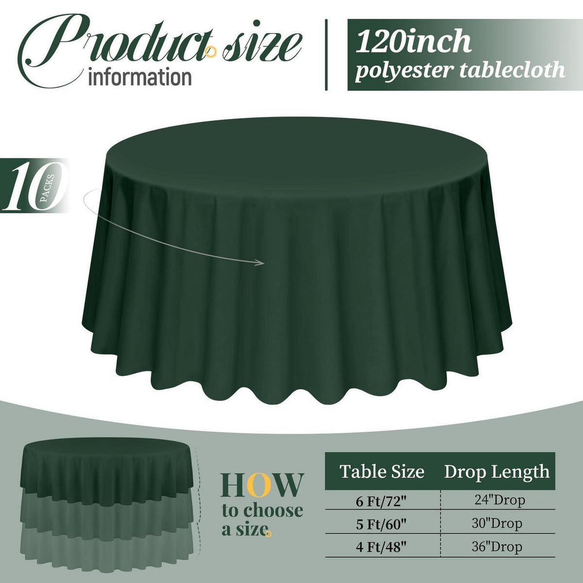 10er-Pack Rundtischdecke 305cm Hunter Green – Fleckenresistente Tischdecke