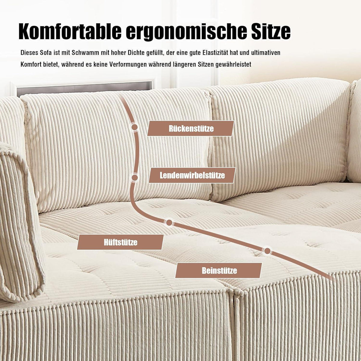6-Sitzer Sofa 308cm Cord Stoff, Flexibel & Komfortabel (Beige)