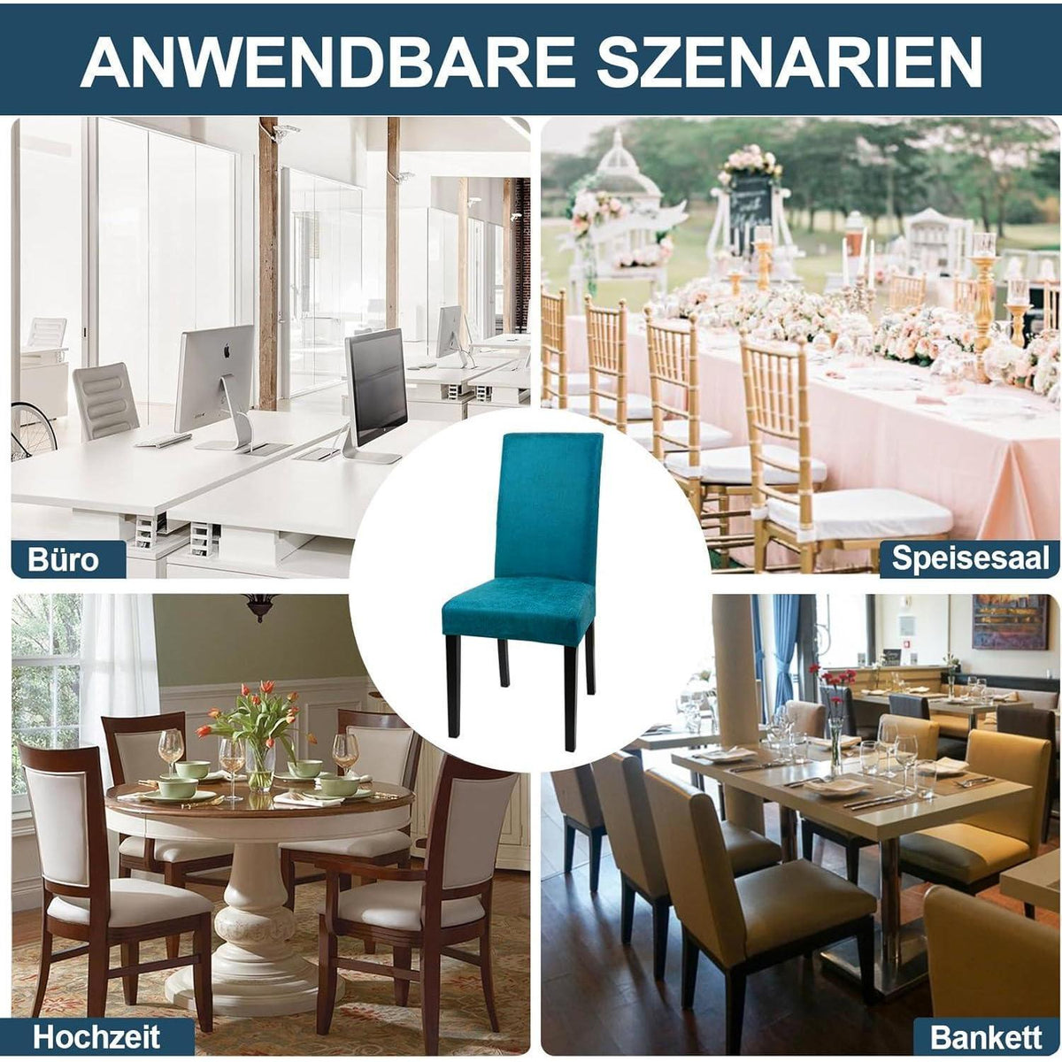 Stretch Stuhlhussen 6er Set – Pfauenblau | Elastisch & Abnehmbar