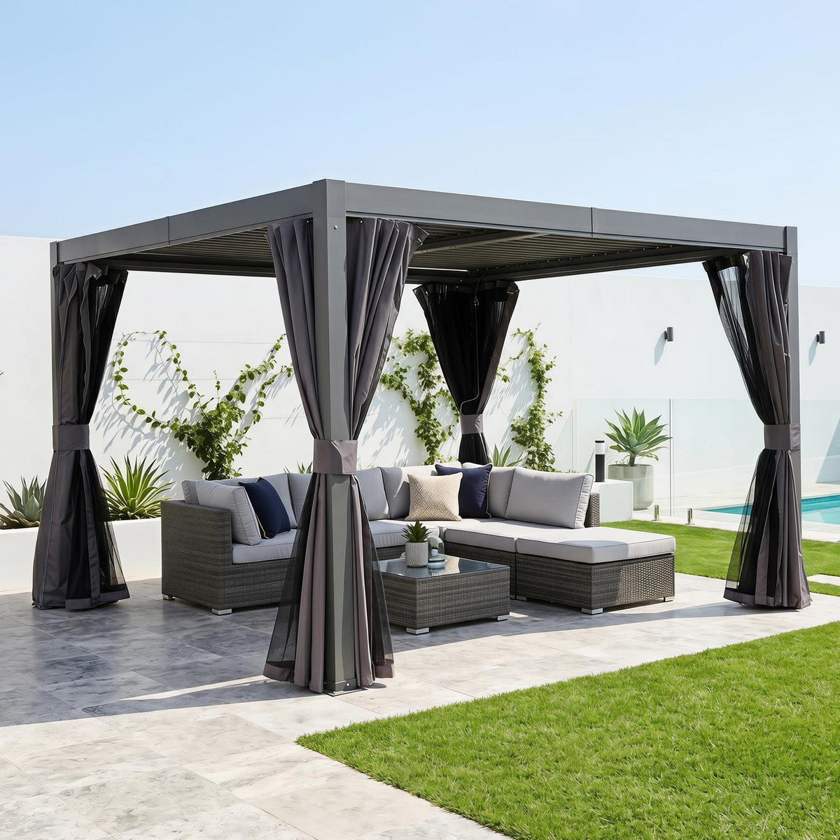 3x3m Lamellenpergola mit Entwässerung & Moskitonetz
