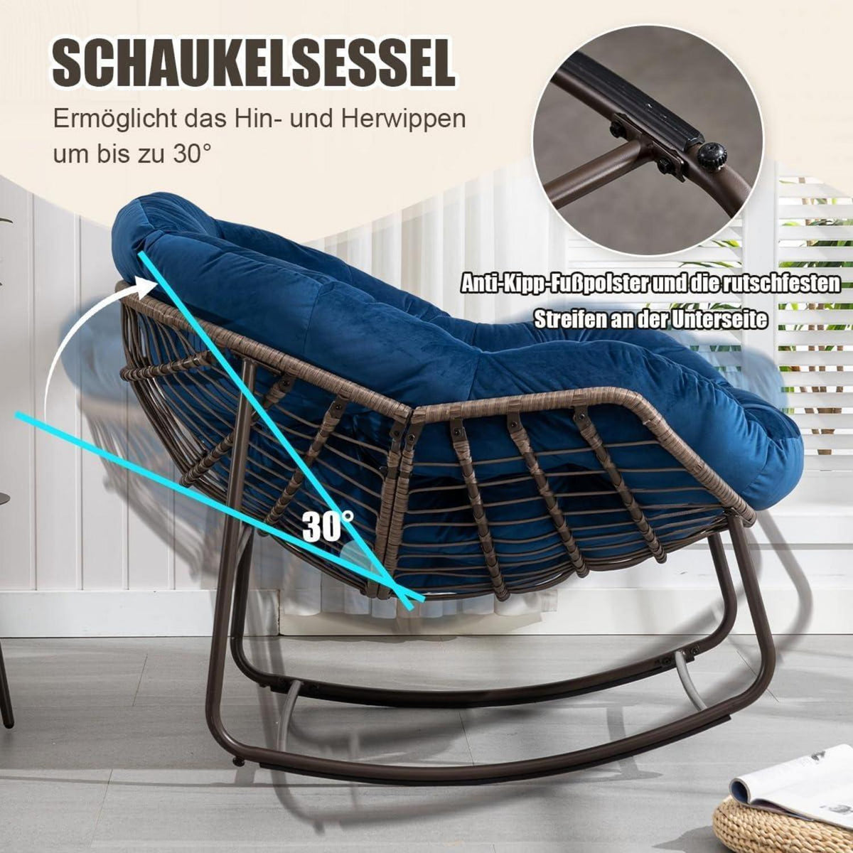 Rattan Schaukelstuhl Eiförmig Samt Blau/Dunkelblau – Indoor & Outdoor