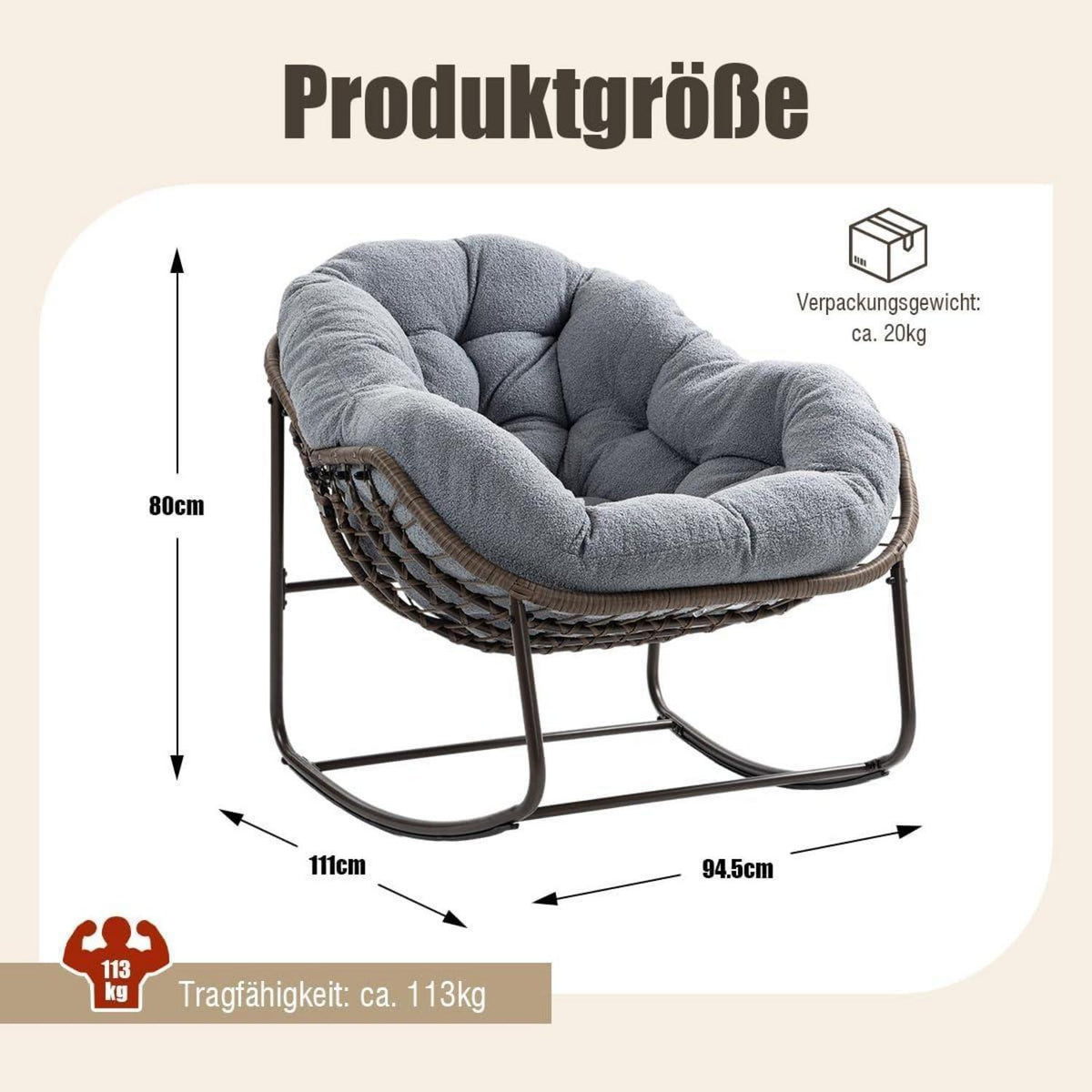 Rattan Schaukelstuhl mit Sherpa Fleece - Grau, Indoor & Outdoor