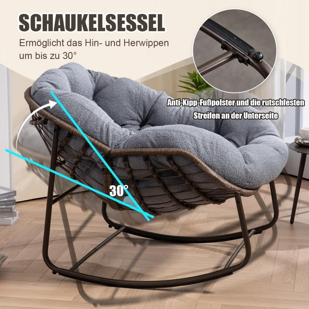 Rattan Schaukelstuhl mit Sherpa Fleece - Grau, Indoor & Outdoor