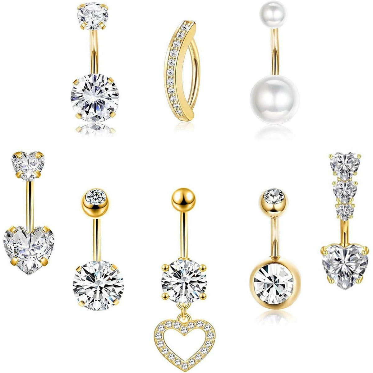 Bauchnabelpiercing Set 8 Stück Chirurgenstahl mit Zirkonia Herz Schmetterling