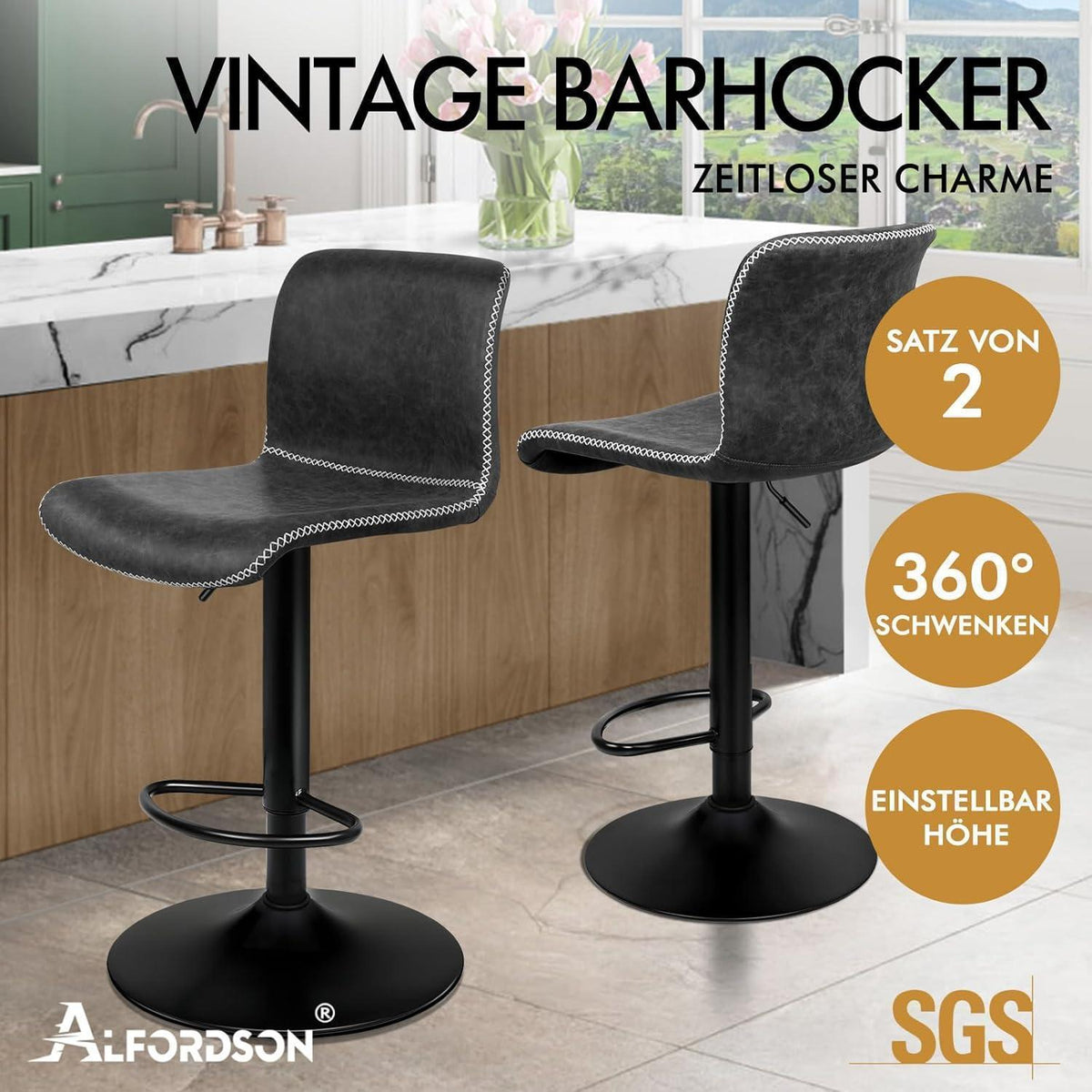 Barhocker Set 2er, Gepolstert, Drehbar, Dunkelgrau