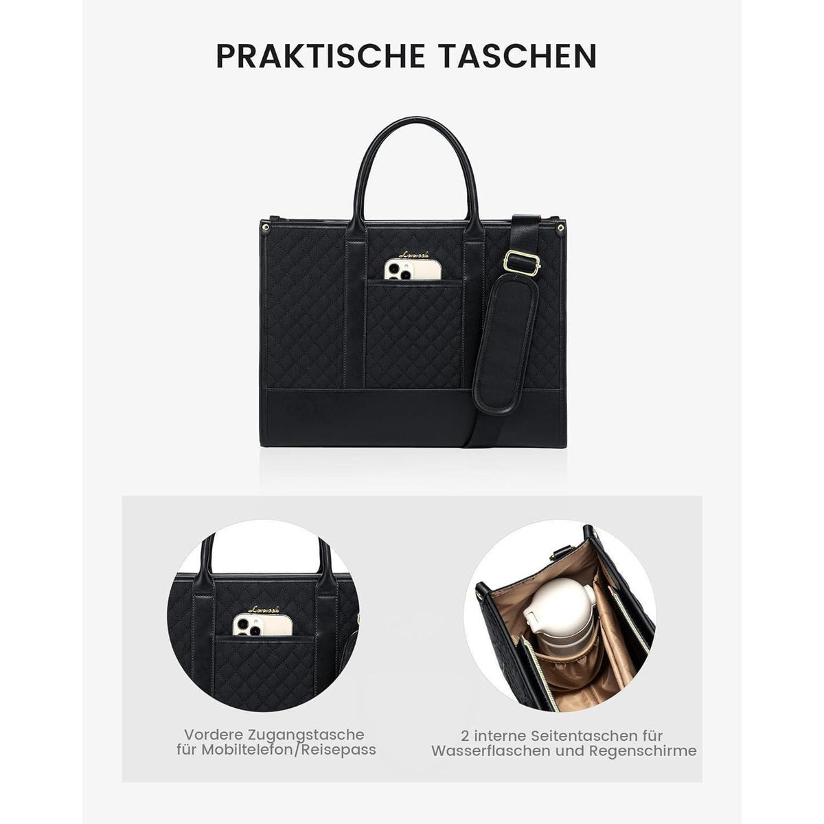 Laptoptasche Damen 14 Zoll, wasserdicht, mit Schultergurt, Schwarz