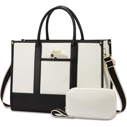 Laptoptasche Damen 17 Zoll, wasserdicht, Kunstleder, schwarz+beige