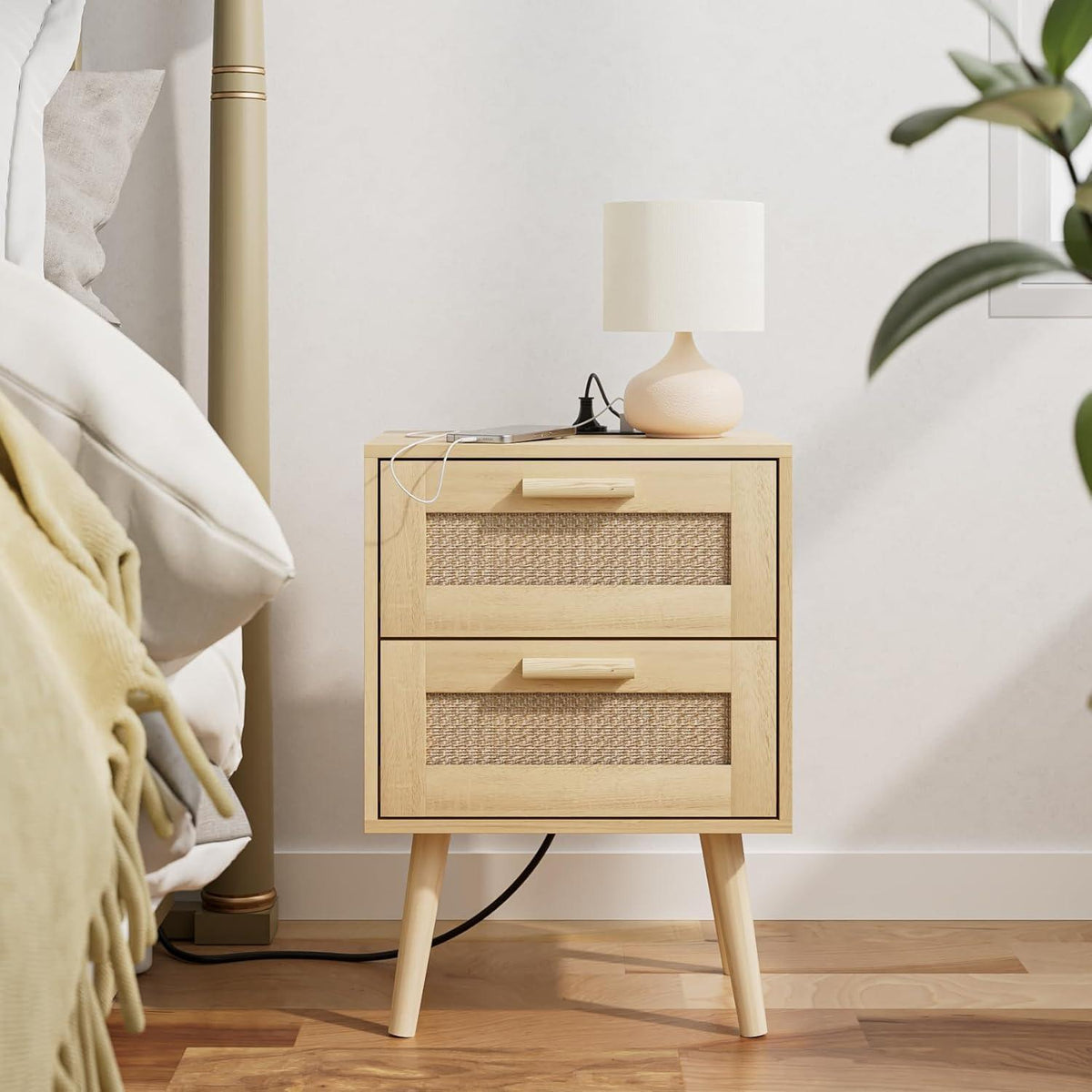 Nachttisch Rattan mit Schubladen und Holzbeinen, Eiche