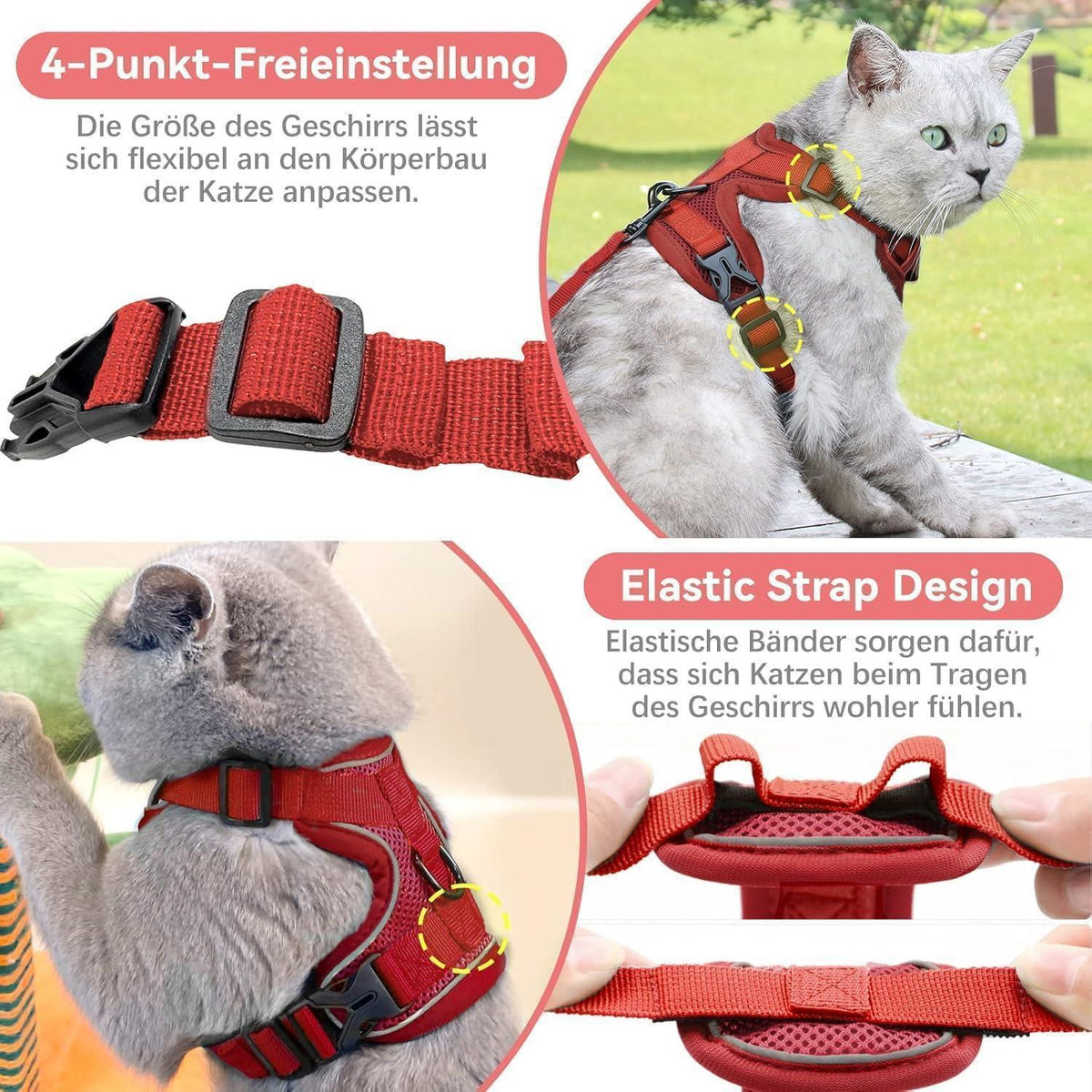 Ausbruchsicheres Katzengeschirr mit Leine, Rot XS
