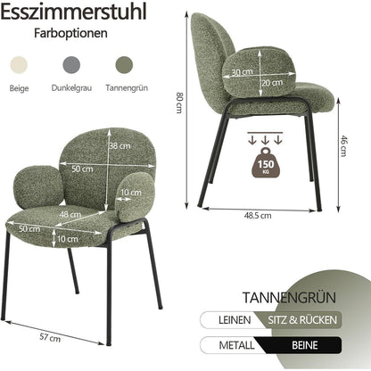 Esszimmerstühle 4er Set Tannengrün mit Armlehne & Leinenbezug