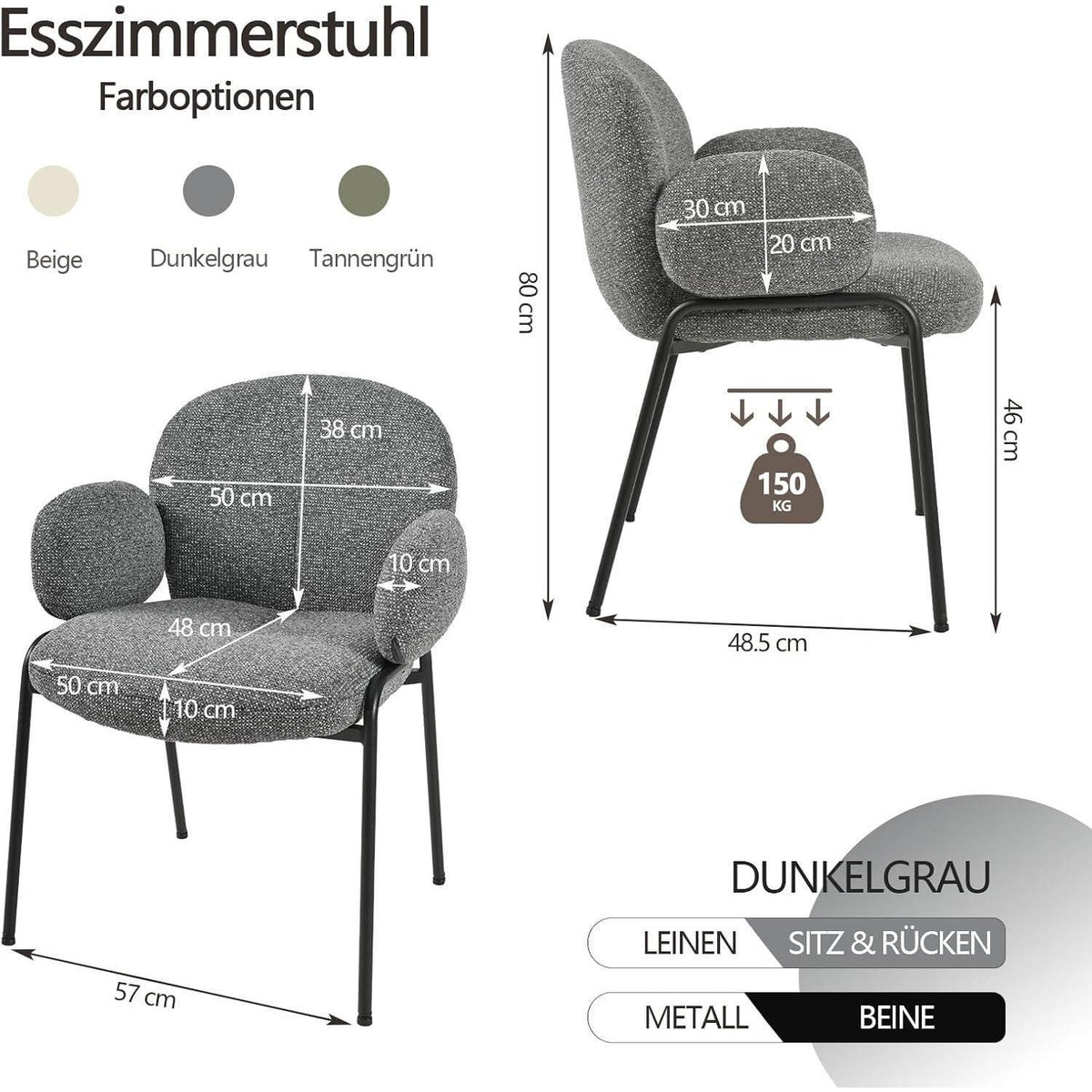 Esszimmerstühle 4er Set Dunkelgrau mit Armlehne & Leinenbezug