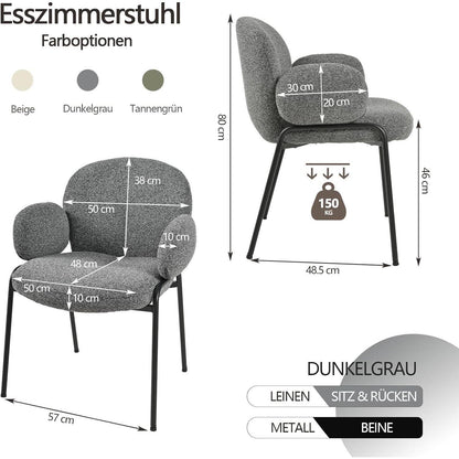 Esszimmerstühle 4er Set Dunkelgrau mit Armlehne & Leinenbezug