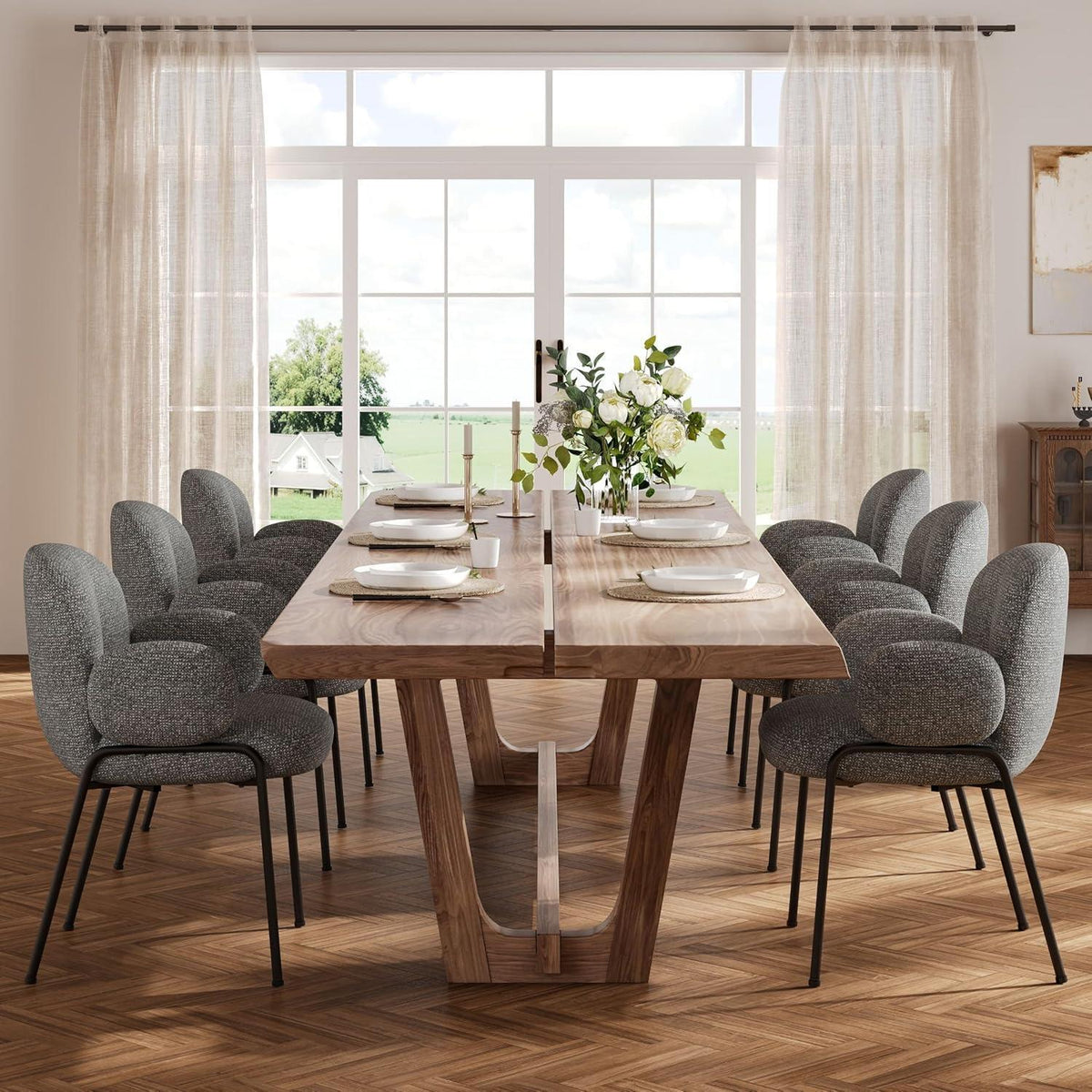 Esszimmerstühle 4er Set Dunkelgrau mit Armlehne & Leinenbezug