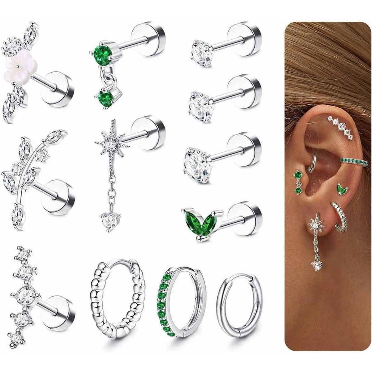 Helix Piercing Set | 12er Set Ohrringe Chirurgenstahl & CZ