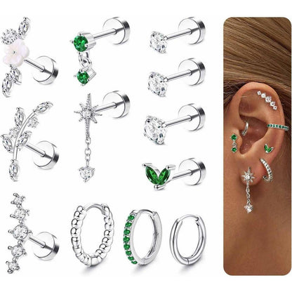 Helix Piercing Set | 12er Set Ohrringe Chirurgenstahl & CZ