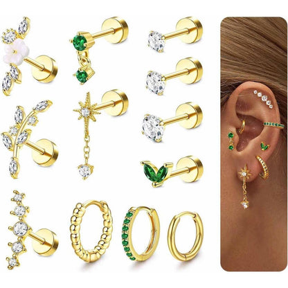 Helix Piercing Set | 12er Set Ohrringe Chirurgenstahl & CZ