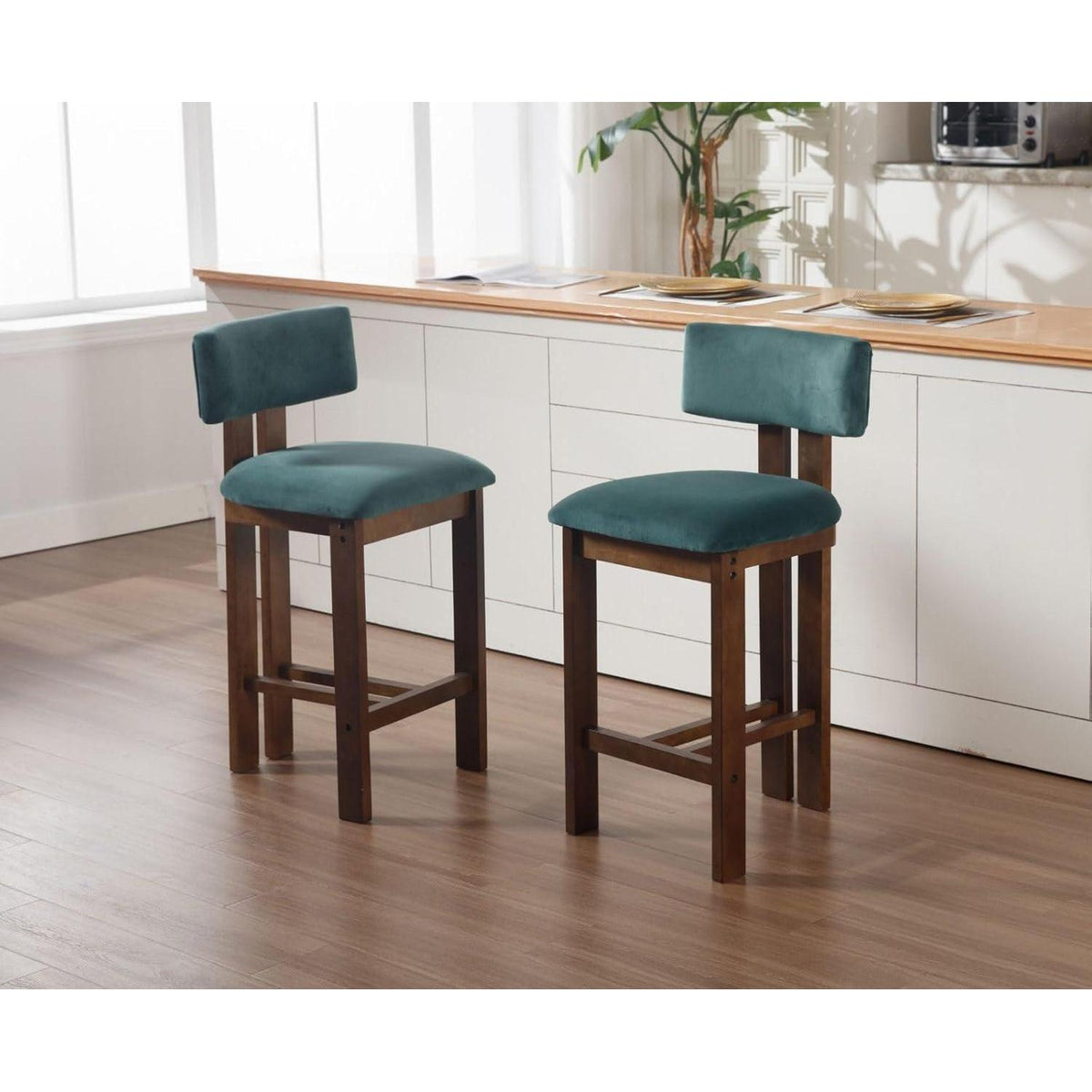 Barhocker Set 2er Samt – Holzbeine, Grün