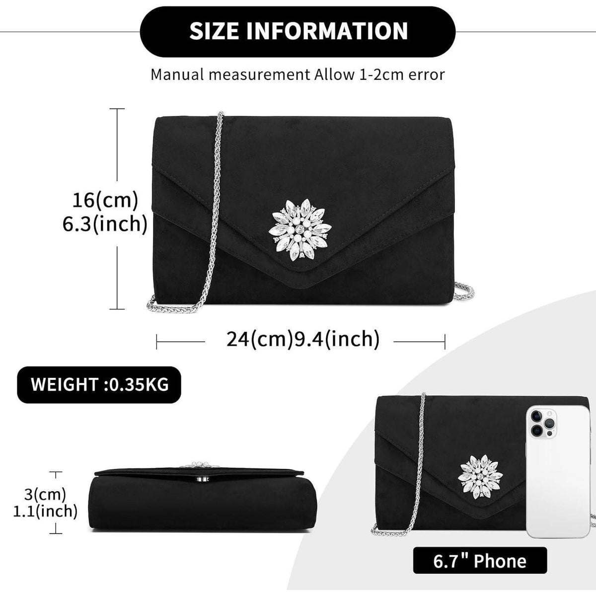 Clutch Damen Wildleder-Optik Schwarz | Abendtasche für Hochzeiten & Partys