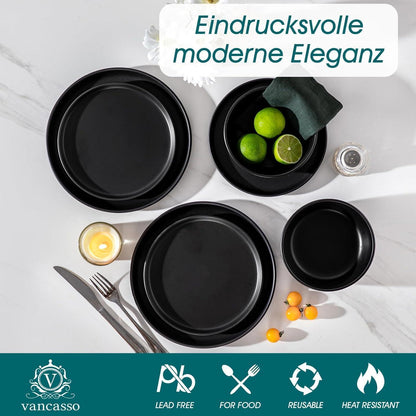 Steingut Geschirrset 12tlg für 4 Personen, Schwarz