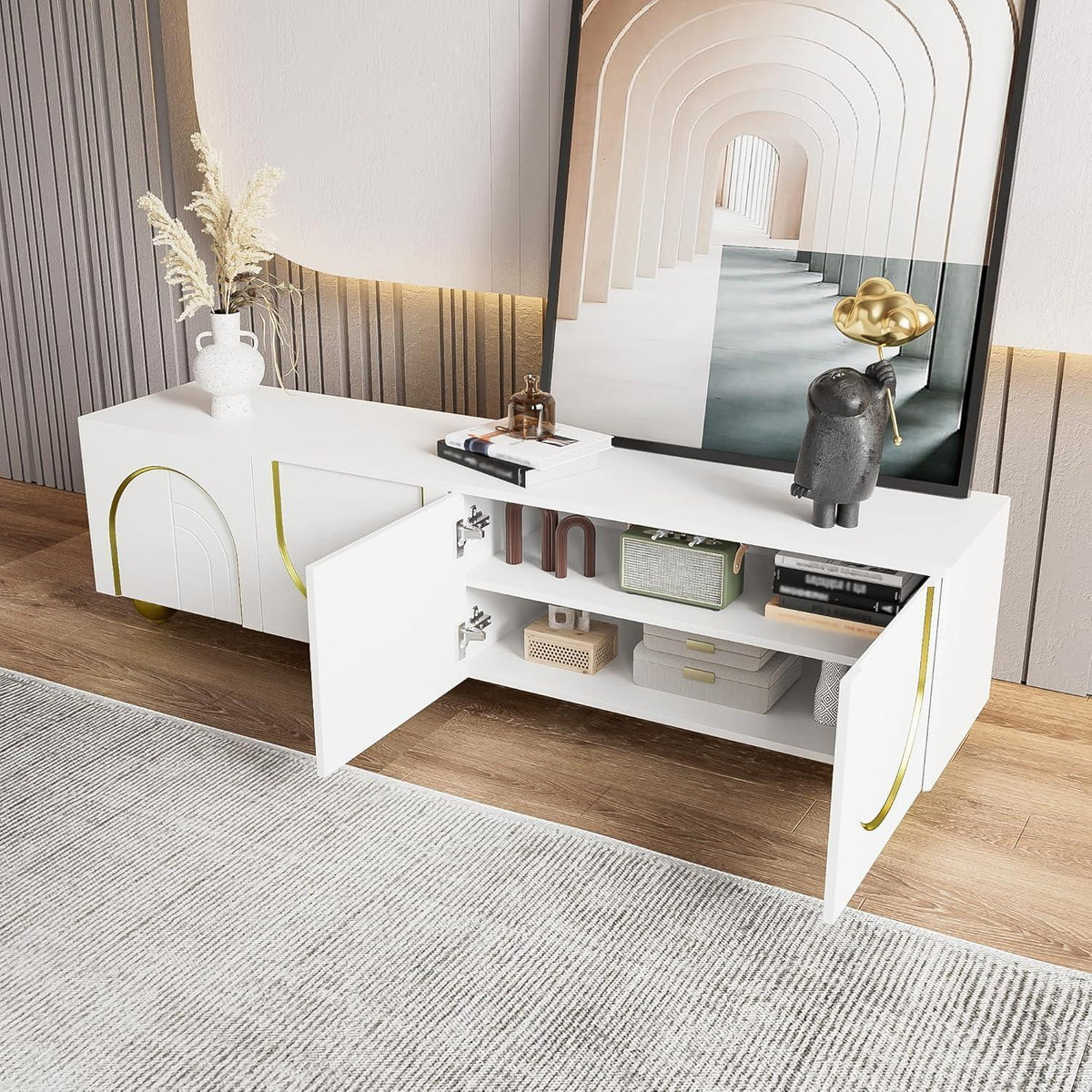 TV-Schrank Weiß mit goldenen Verzierungen & runden Beinen