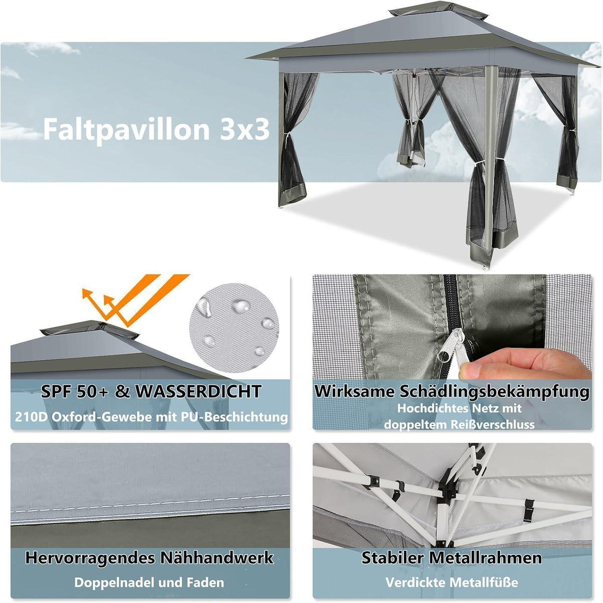 3x3 Pop Up Pavillon wasserdicht mit Moskitonetz & Seitenwänden