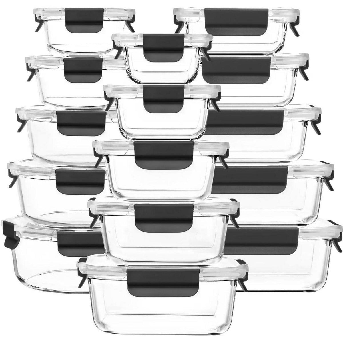 Glas Meal Prep Boxen 15er Set, Mikrowellenfest, Auslaufsicher, Schwarz