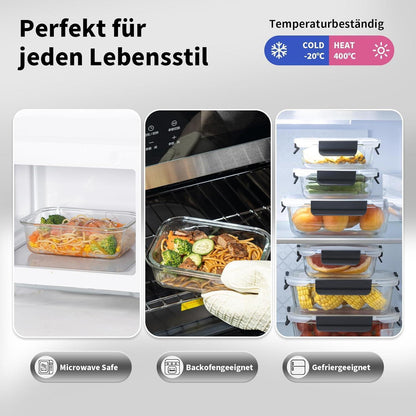 Glas Meal Prep Boxen 15er Set, Mikrowellenfest, Auslaufsicher, Schwarz
