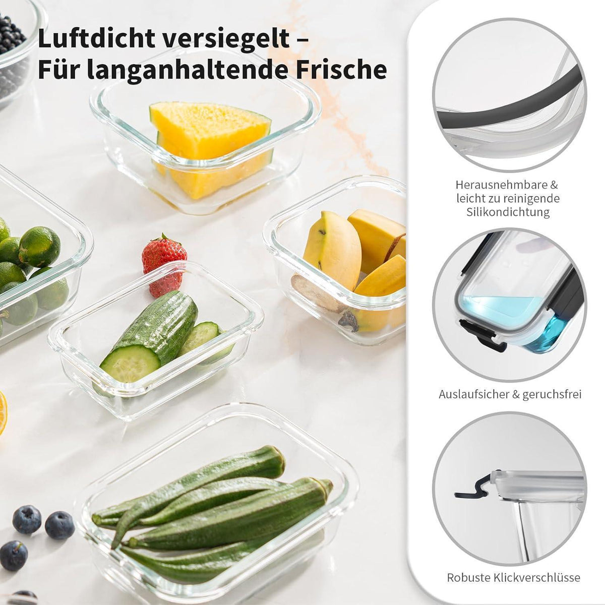 Glas Meal Prep Boxen 15er Set, Mikrowellenfest, Auslaufsicher, Schwarz
