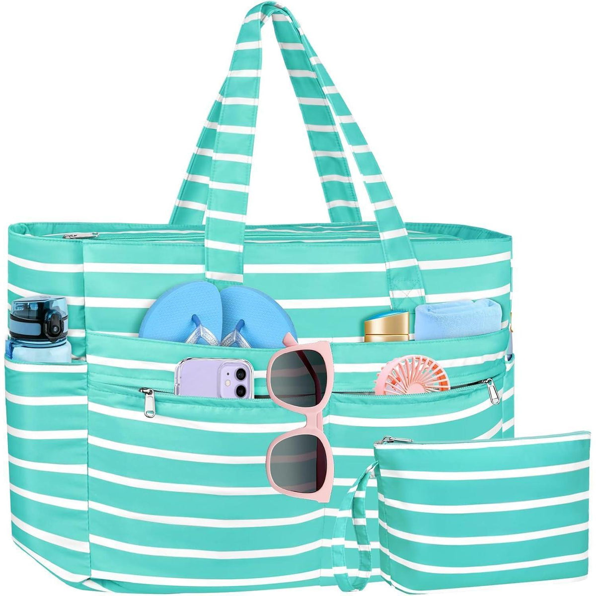 XXL Strandtasche mit 13 Taschen, wasserdicht, faltbar, grün gestreift
