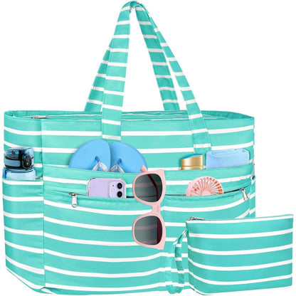 XXL Strandtasche mit 13 Taschen, wasserdicht, faltbar, grün gestreift
