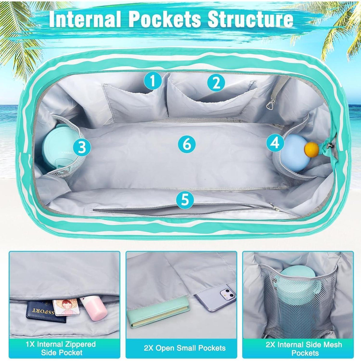 XXL Strandtasche mit 13 Taschen, wasserdicht, faltbar, grün gestreift
