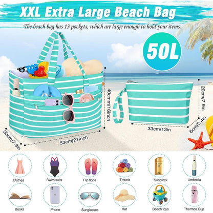 XXL Strandtasche mit 13 Taschen, wasserdicht, faltbar, grün gestreift