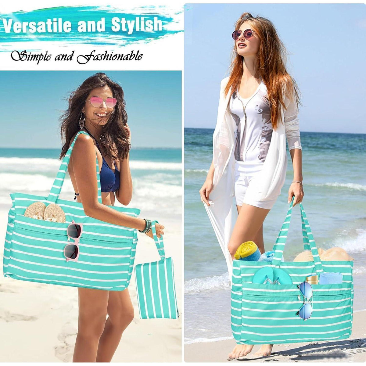 XXL Strandtasche mit 13 Taschen, wasserdicht, faltbar, grün gestreift