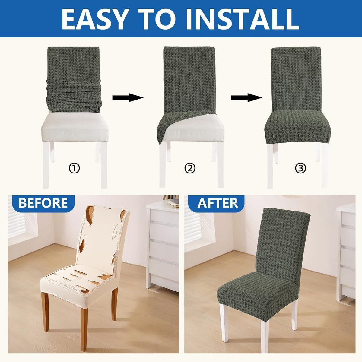 Stretch Stuhlhussen 6er Set – Abnehmbar & Waschbar – Militärgrün