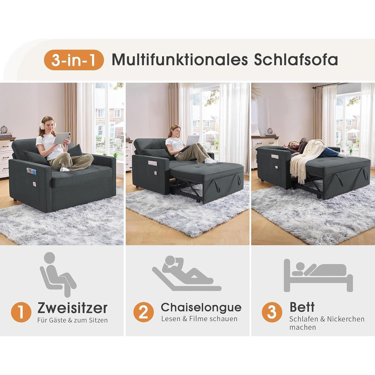 Schlafsofa 186x122cm mit verstellbarer Rückenlehne & Stauraum